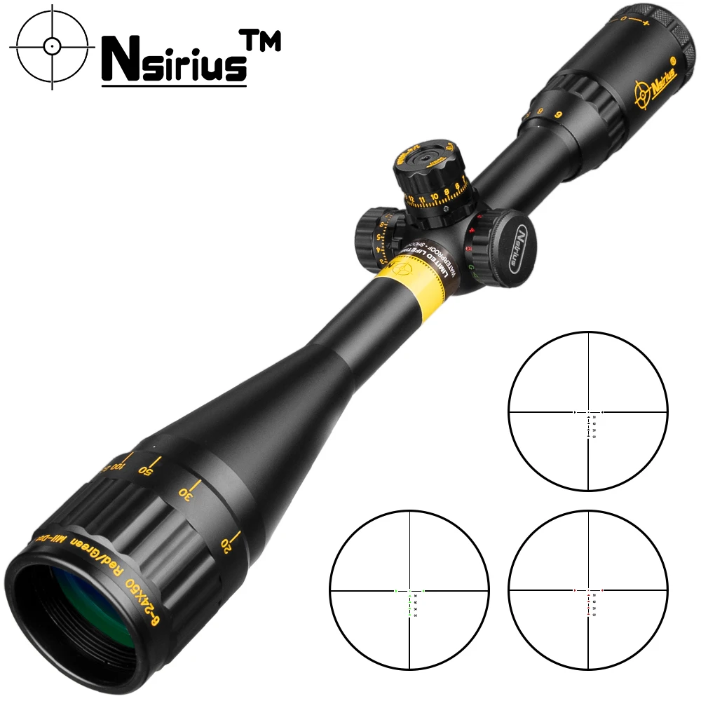 

NSIRIUS 6-24X50 AOE Gold Tactical Riflescope Optical Sight Red Green llluminate Crosshair Hunting Rifle Scope