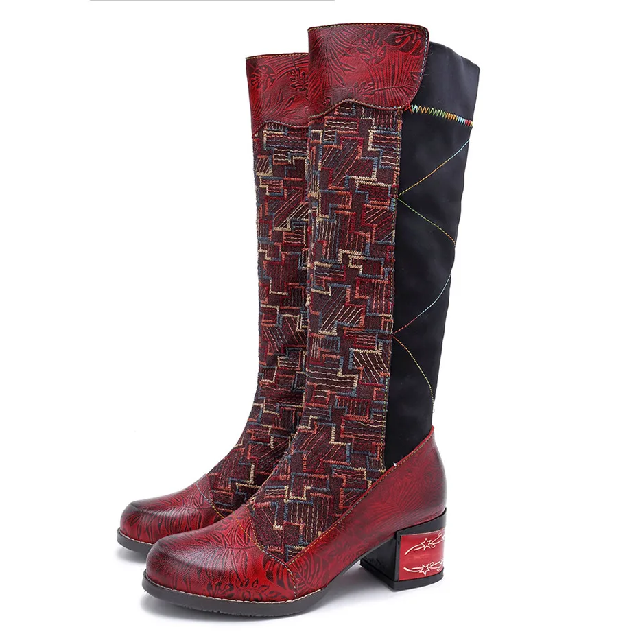 Handmade Genuine Leather Knee High Boots Women Shoes Vintage Patchwork Lady Embroider Shoes Zipper Heels Spring Autumn Boots New (11)