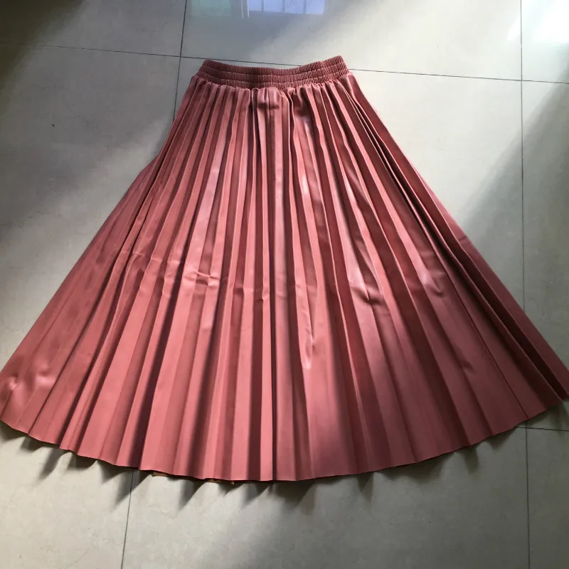 

2018 Autumn Vintage stretch waist pleated PU skirts women long PU leather skirts women PU leather pleated skirts lady skirt