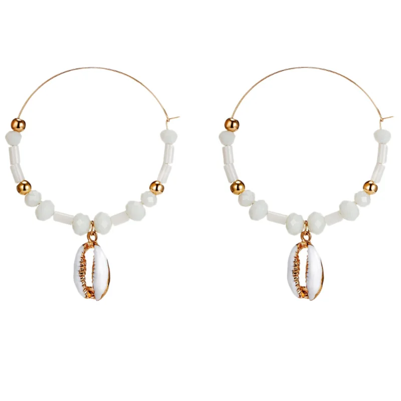 

Boho Statement Earrings Big Circle White Rice Pearl Shell Conch Dangle Earrings Lightweight Geometric Round Earrings Ocean Sea
