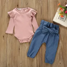 Комплект одежды для детей; одежда с длинными рукавами для новорожденных девочек; комбинезон; боди+ джинсовые штаны; джинсовый костюм; C50