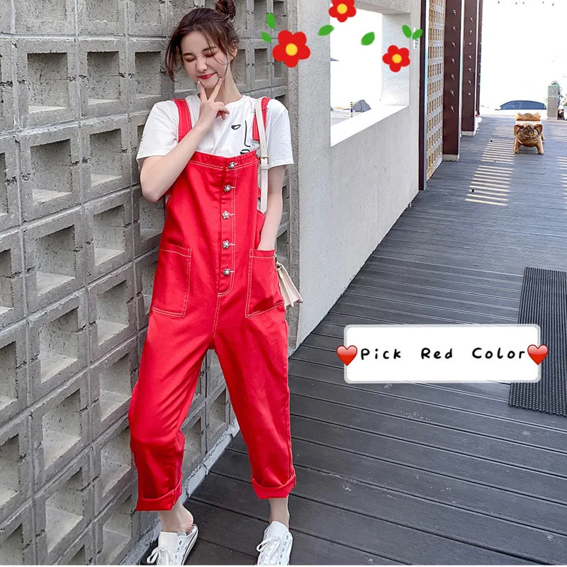 

LANMREM Fashion Candy Colour Loose Casual Cotton Denim Straps Ankle-length Pants For Woman 2019 Summer New Overalls Hot YH328
