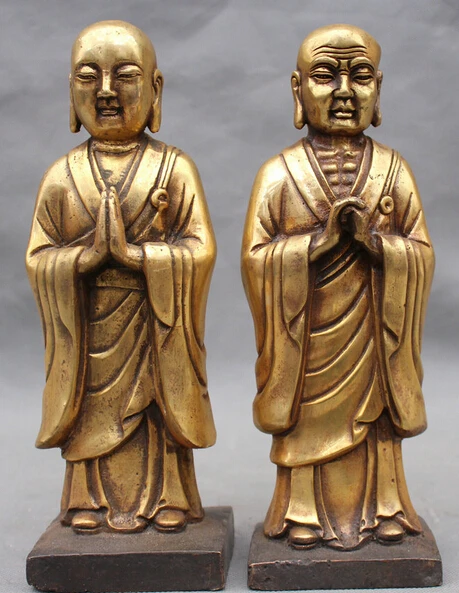 

JP S0524 9" Chinese Buddhism Bronze Gilt Stand Arhat Damo Bodhidharma Monk Statue Pair