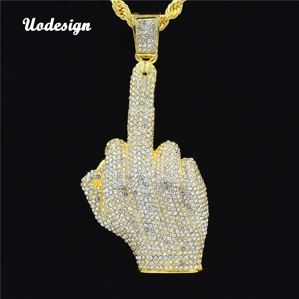 Hip Hop Men Gold Silver Color Full Rhinestone Big Middle Finger Pendants Necklaces With chain Jewelry | Украшения и аксессуары