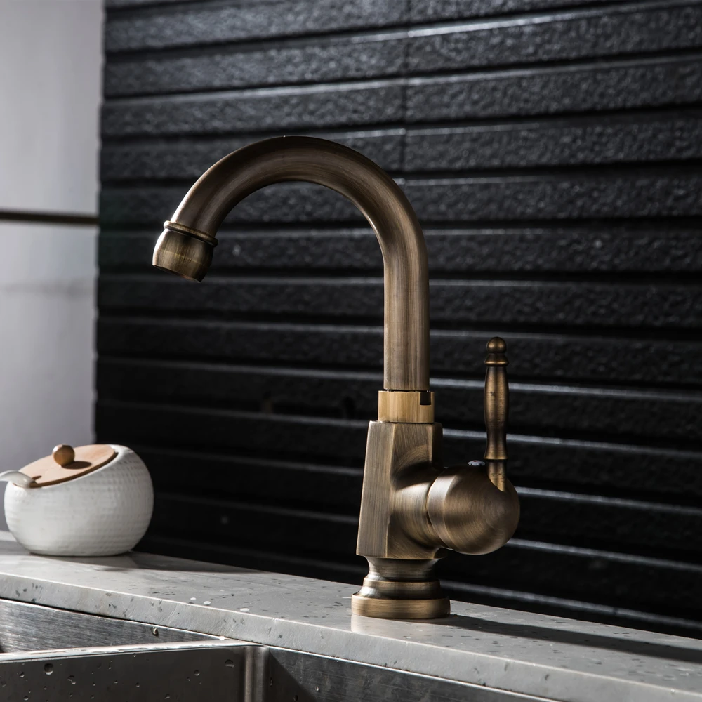 Antique Brass Deck Mounted Basin Water Faucet With Single Handle One Hot And Cold Water  360 Rotation Single Handle Mixer Tap2