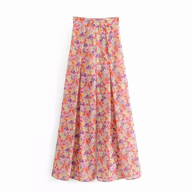 Широкие брюки с цветочным принтом, женские эластичные свободные длинные брюки с боковой молнией, шифоновые брюки, P382 - Цвет: as pic P282AAZZ