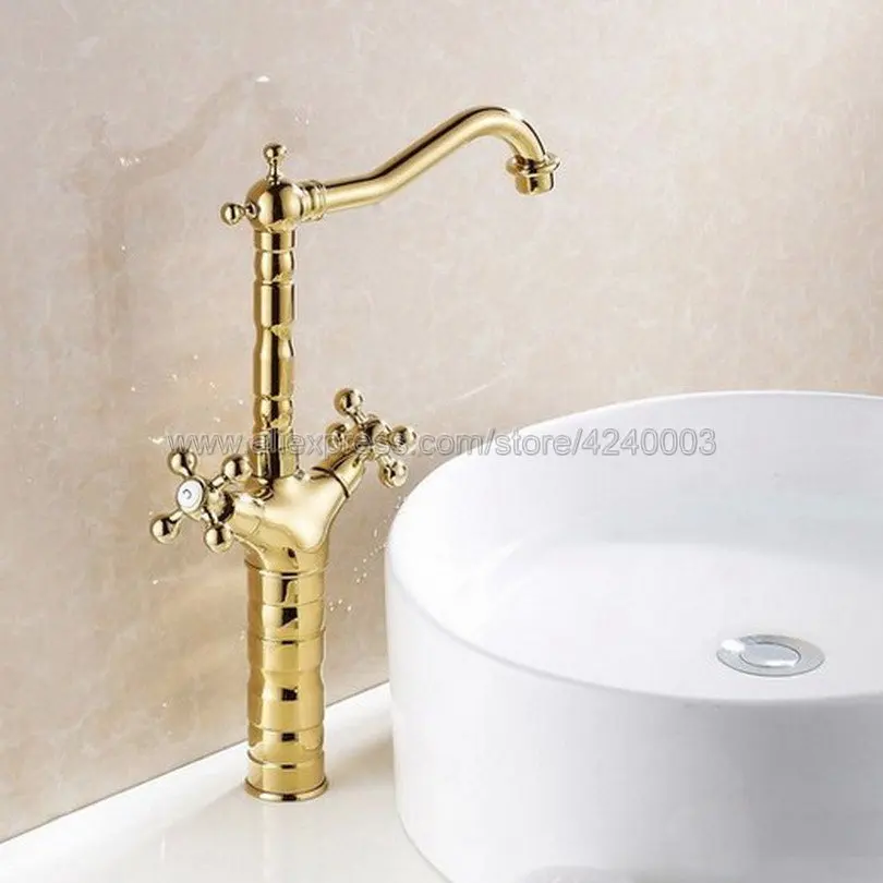 

Gold Brass Bathoom Kitchen Faucet Swivel Spout Dual Cross Handles Lavatory Sink Mixer Taps Deck Mounted Hot and Cold Ksf094