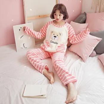 

Warm Flannel Pajamas Cartoon Printing Cute Casual Women pajamas set Striped Winter Nightdress Girls Autumn Home Wear