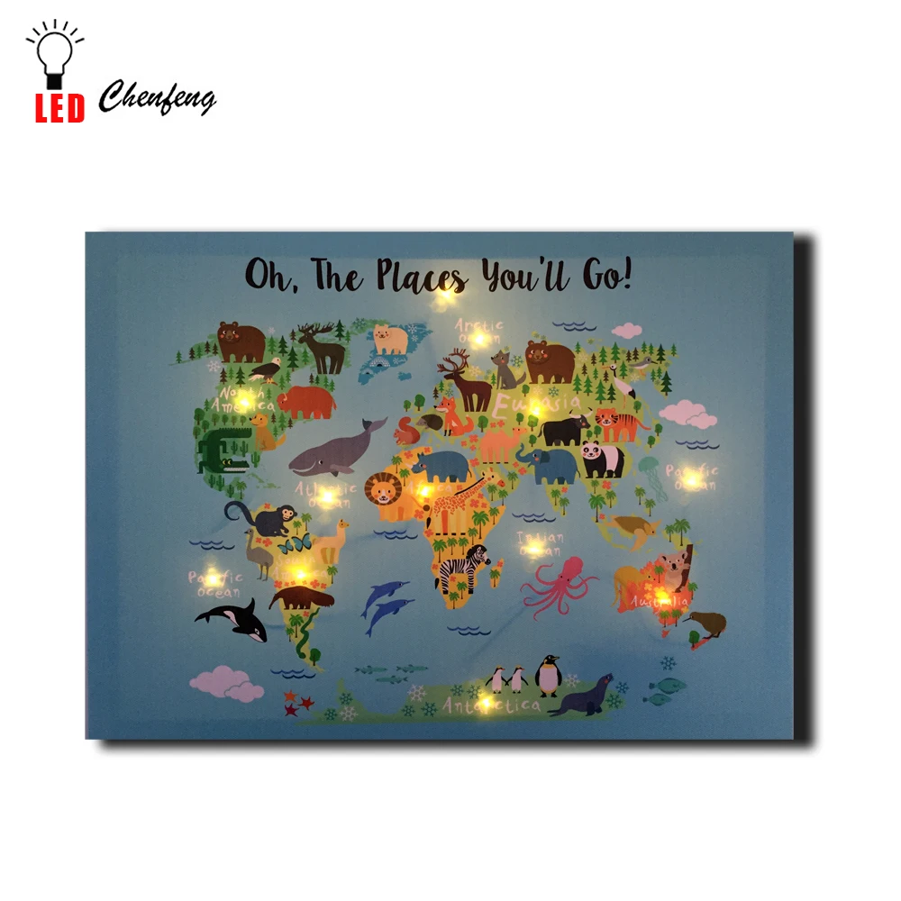 

Lighted led canvas print Funny Cartoon World Map With Animals painting wall picture canvas wall art home decor gift dropship