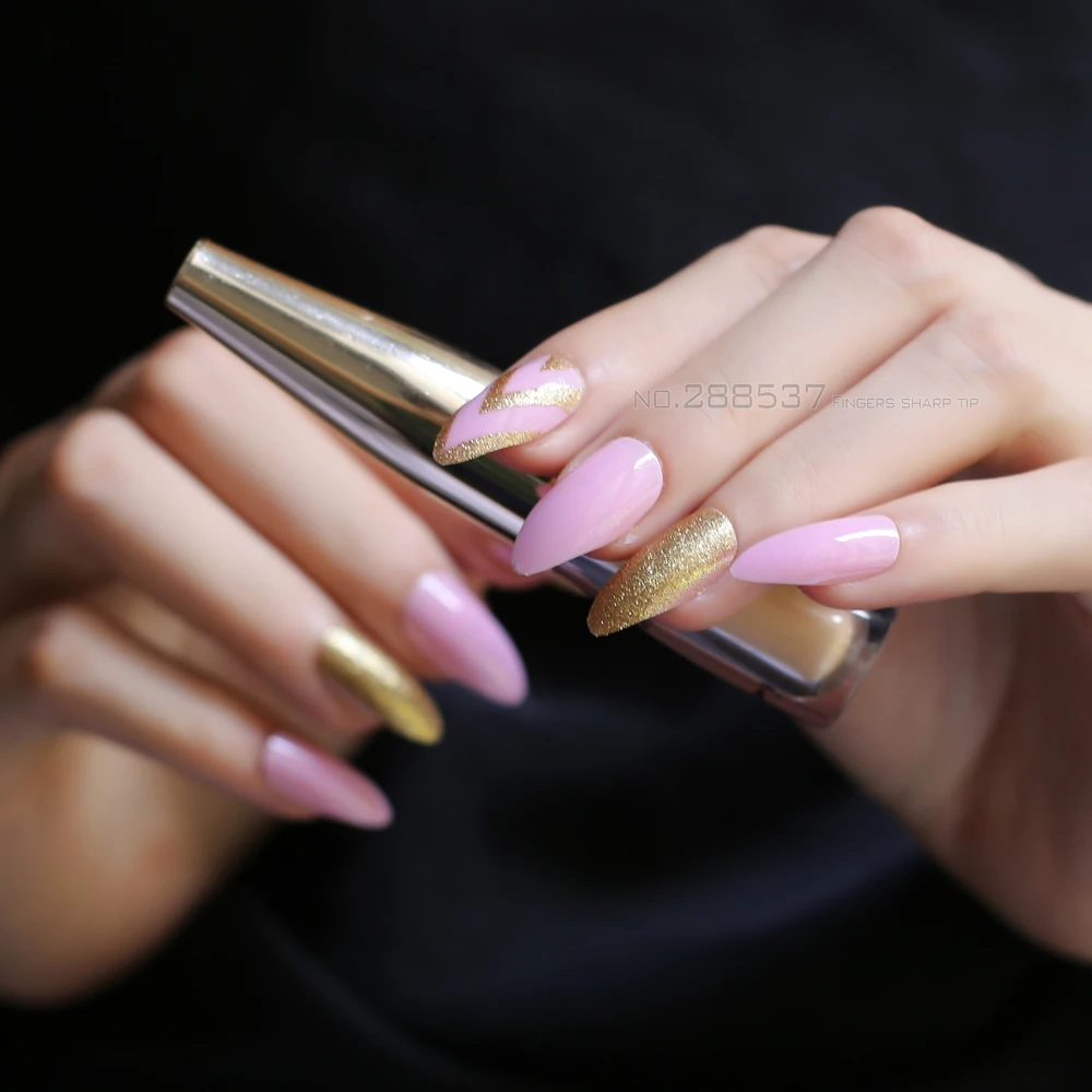 24 шт полный набор сделай сам накладные ногти розовый Золотой луковый порошок золотой узор поддельные nais с липким стилетом Острый дизайн
