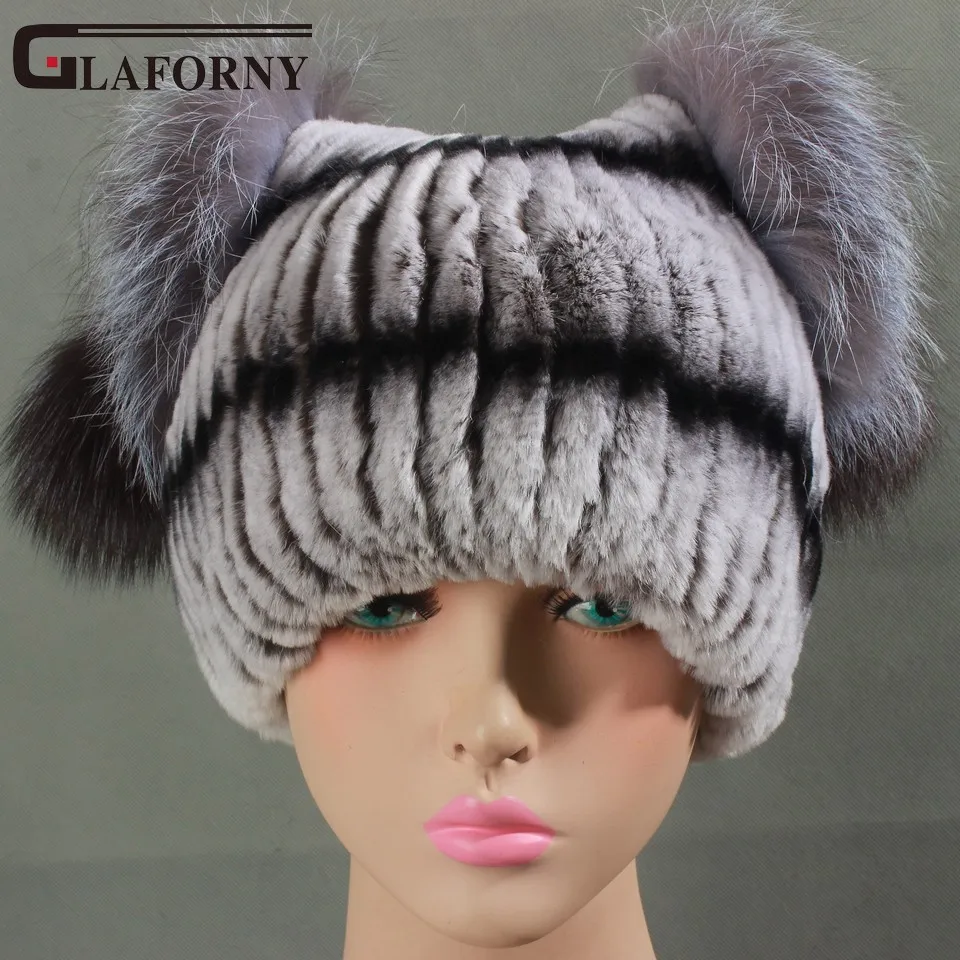 

ZDFURS 2017 New Arrival Women Rex Rabbit Fur Hats with 2 Silver Fox Fur Ears on Top Cute Casual Fur Beanies 7 Colors