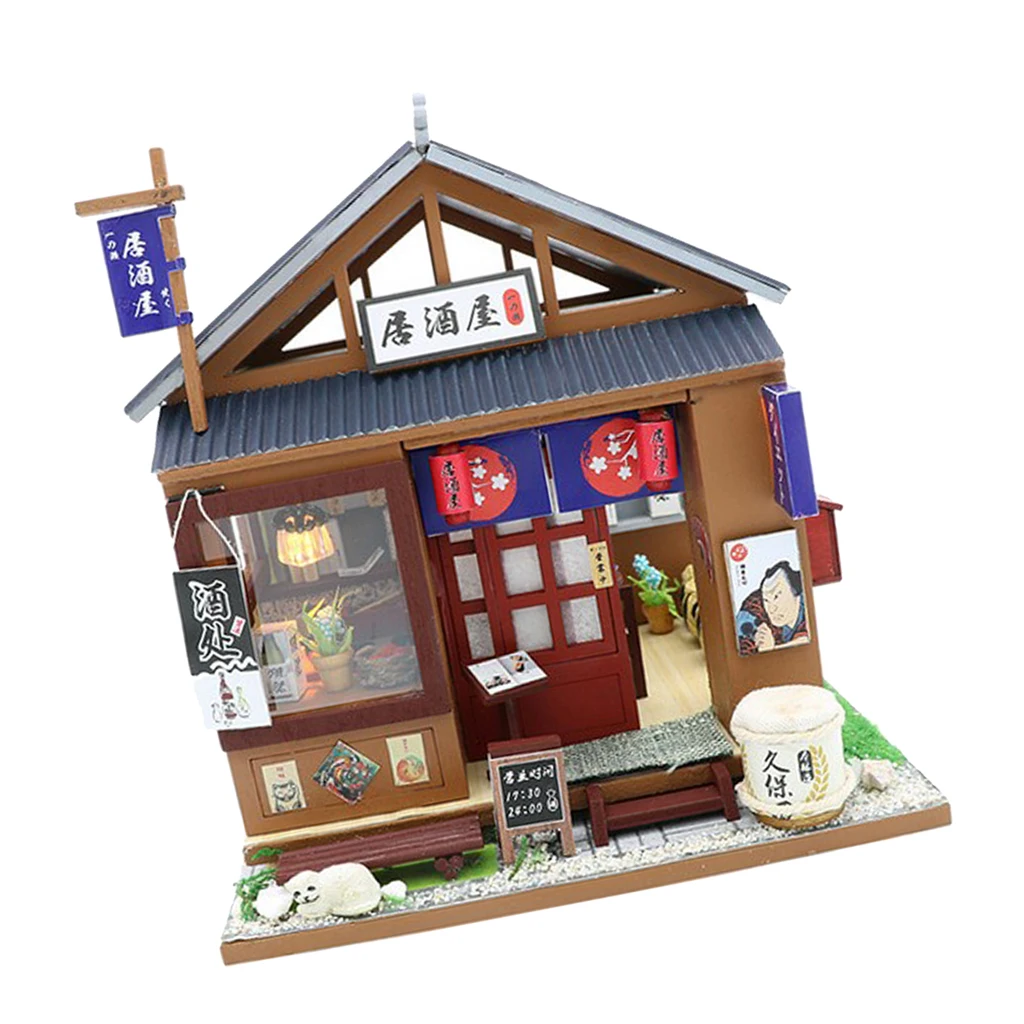 1/24 японский стиль, сборный светодиодный деревянный кукольный домик, сделай сам, миниатюрный кукольный домик, 3D модель Izakaya с набором мебели и светодиодный светильник