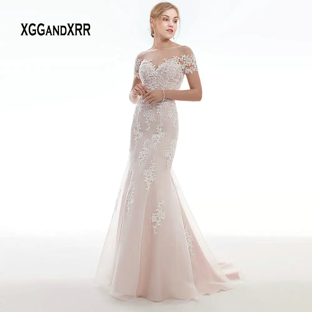 

Elegant Pink Wedding Dress 2019 Mermaid Bride Dress Short Sleeves Lace Applique Illusion Back Button vestido de noiva Plus Size