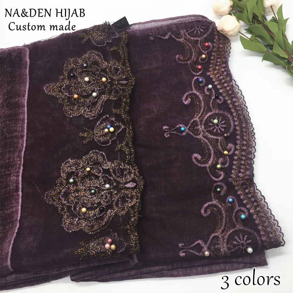 Custom made design hijab embroidery flower edges shawl scarf colorful