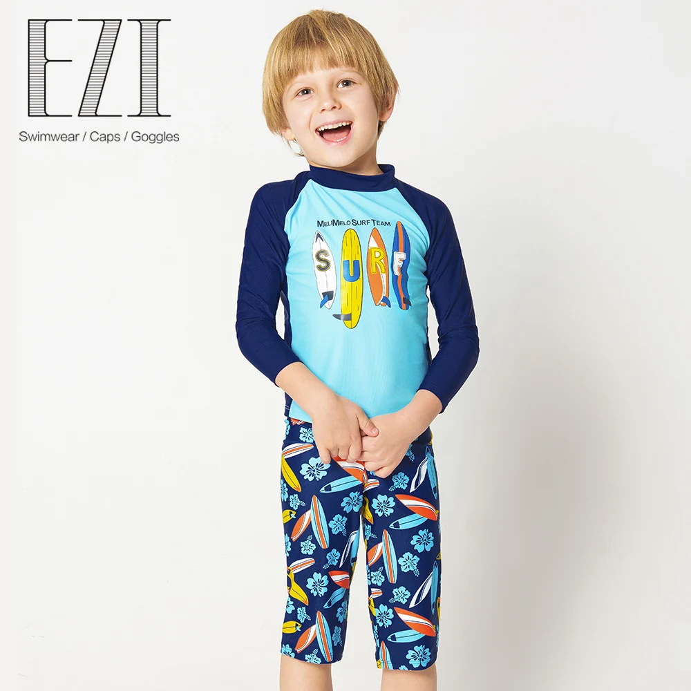 

july sand 2019 surfer boys children long sleeve colour block printed swimwear top and pants 16007