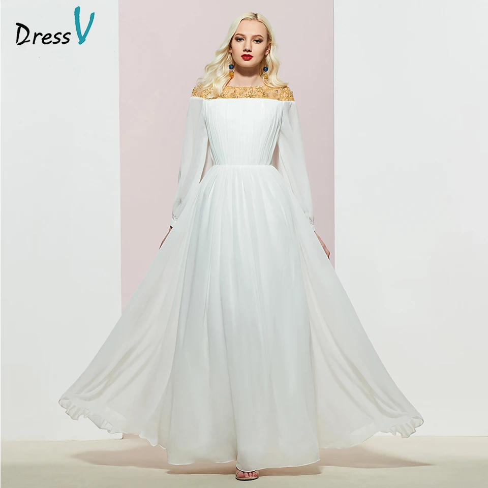 

Dressv ivory elegant long sleeves evening dress appliques beading floor length wedding party formal gown dress evening dresses