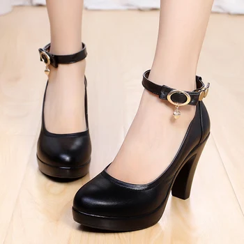 

Nice Women High Heel Shoes Female Black Pumps Genuine Leather Strap Work Shoes Size 26-62