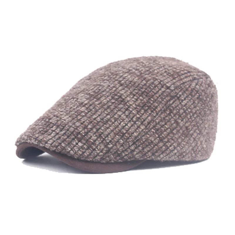 FS, зимний винтажный хлопковый берет, вязаная шапка с пряжкой, плоские шапки в полоску, повседневные, газетные, черные, синие, коричневые, теплые шапки для мужчин - Цвет: Коричневый