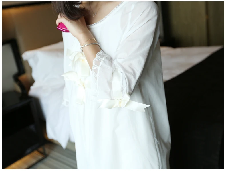 Autumn Summer White Silk Cotton 2- Pics Women's Long Nightgowns Elegant Sweet Princess Royal Loose Plus Size Sleepwear 5589