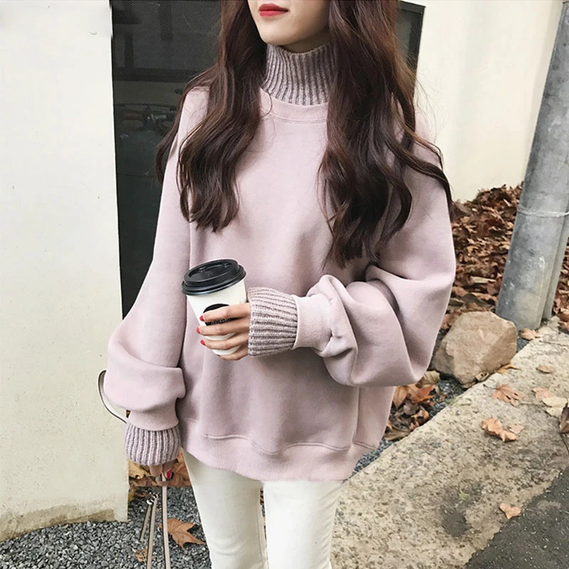  Hoodies Women Thicker Plus Velvet Warm Solid Turtleneck Womens Hoodie Korean Style Kawaii Trendy El