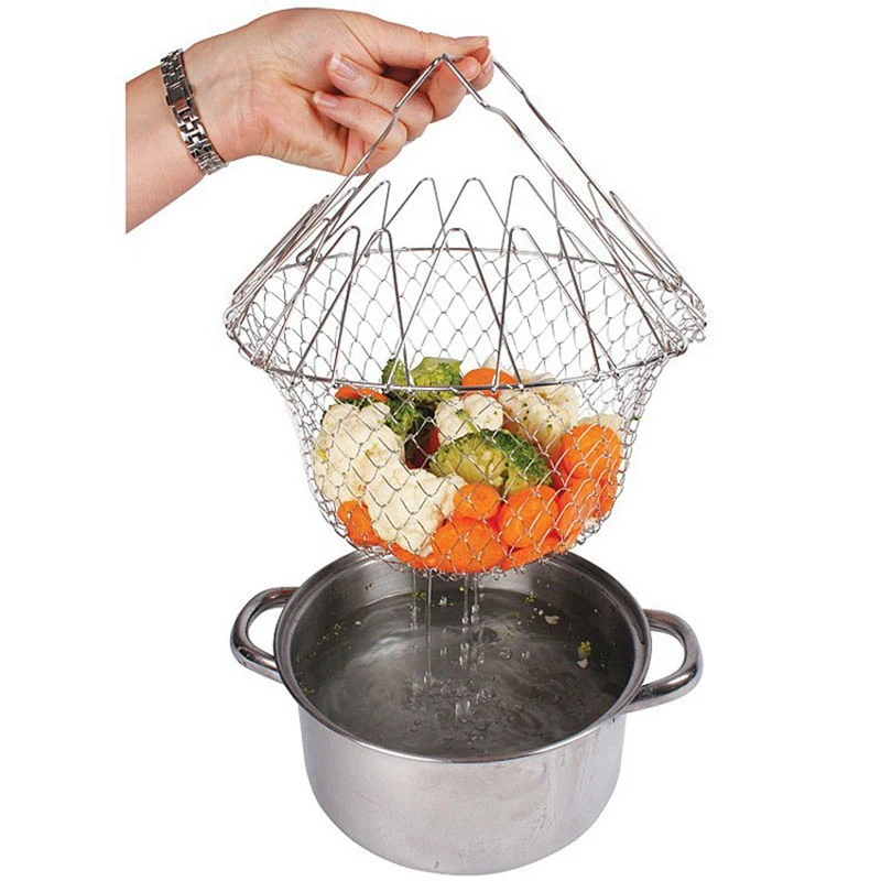 Image result for 1pcs Foldable Steam Rinse Strain Fry French Chef Basket Magic Basket Mesh Basket Strainer Net Kitchen Cooking Tool Drop Shipping