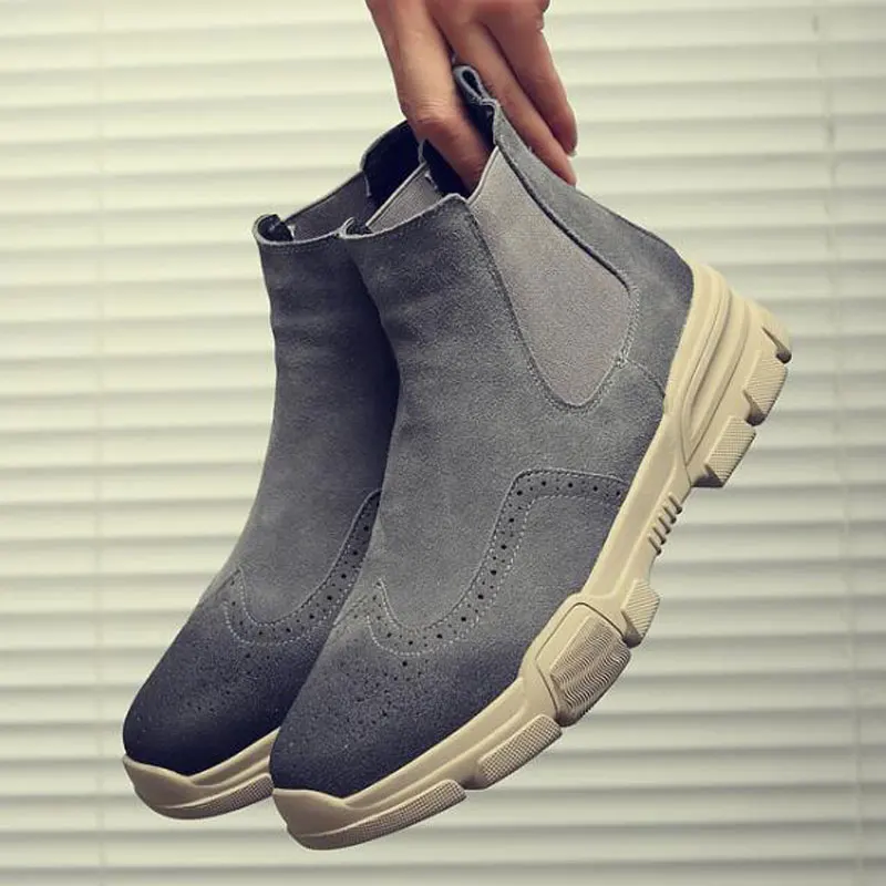 

Tangnest Cow Suede Leather Ankle Boots Men British Style Cut-out Chelsea Boots Casual Platform Shoes Man Big Size 38~46 XMX915