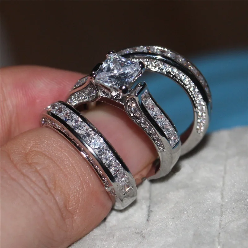 Female Big Zircon Ring Set Crystal Silver Color Yellow Gold Bridal Ring Wedding Jewelry Promise Engagement Rings Women