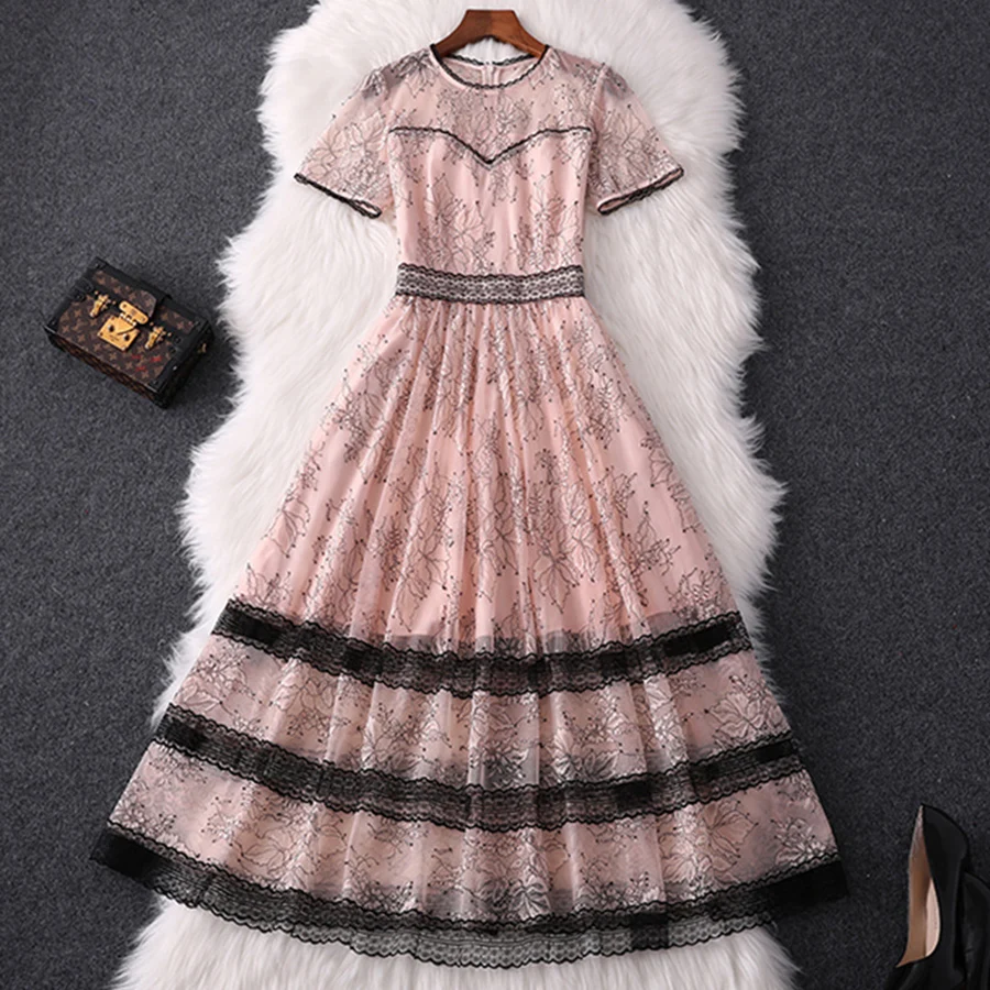 

VERDEJULIAY Runway Lace Dress Women 2019 High Quality SummeAutumn Embroidery Design Floral Pink Patchwork Long Dress Vestidos