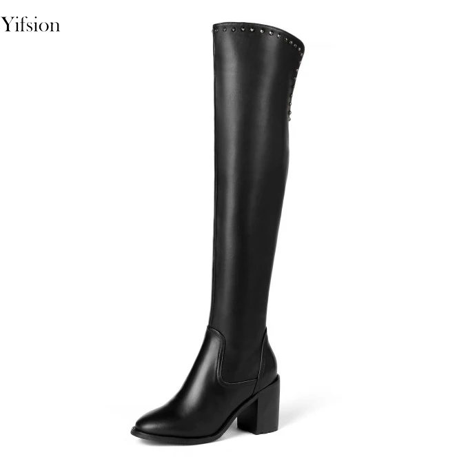 Bout Le Carrés 13 Mode Nouvelles Femmes D0032 Taille Bottes Cuir Nous Yifsion Noir En De Sur Black Parti Sexy Genou Chaussures Talons Pointu 3 7wOfXxXqC