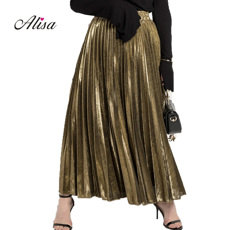 Summer Woman Beach Golden Long Skirt 2018 New Fashion High Waist Pattern Slim Female Solid All-match Pleated Skirts | Женская одежда