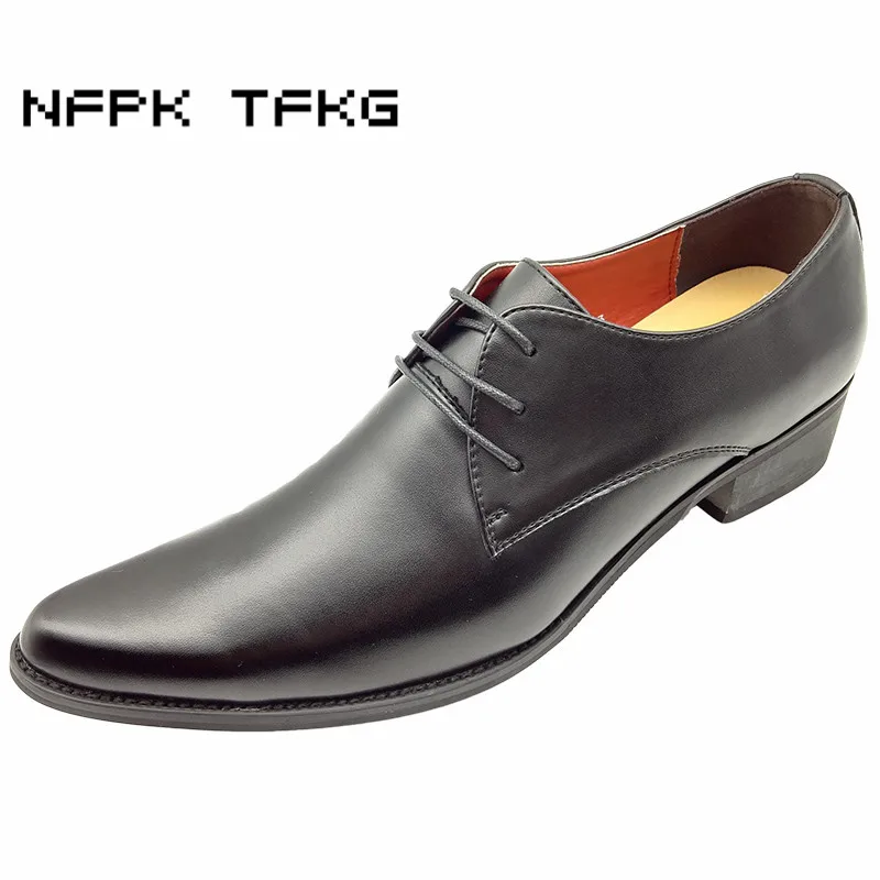 

4 cm thick high heels British fashion men wedding nightclub dress genuine leather shoes pointed toe lace-up shoe zapatos hombre