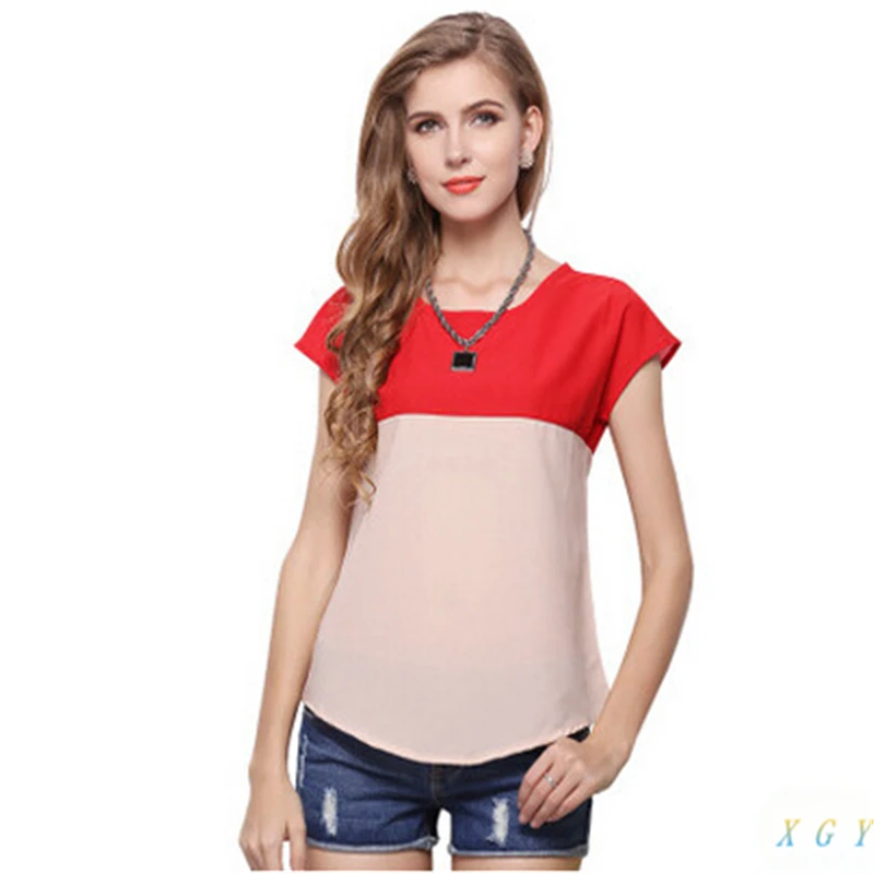 

Fresh Charm Elegant Ladies Chiffon Shirt Color Stitching Loose Short Sleeved Subcoating Women Fashion Clothing High Quality Gift