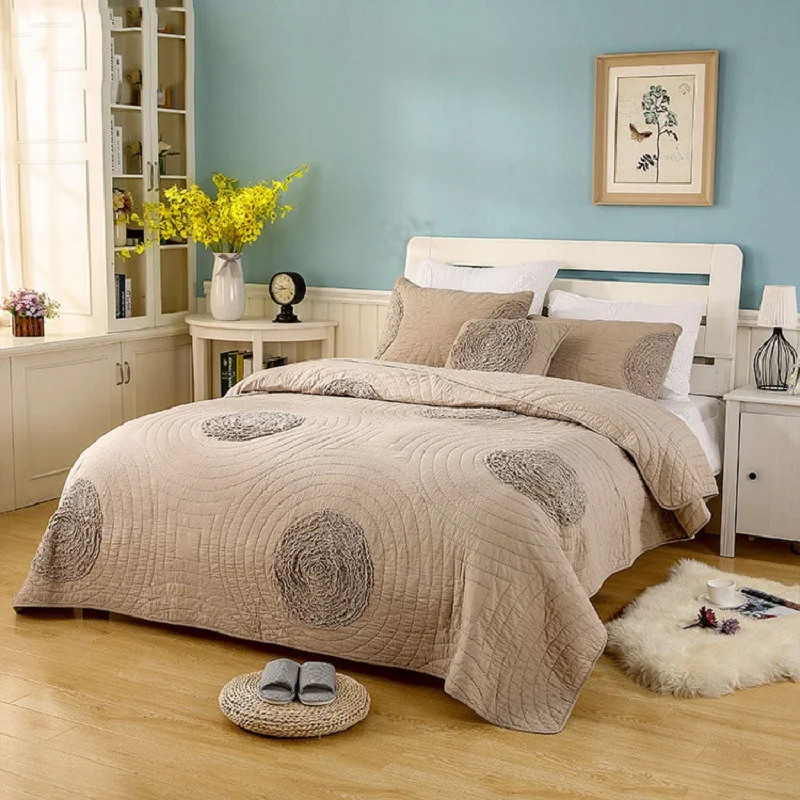 

CHAUSUB Washed Cotton Quilt Set 3PCS Europe Applique Quilts Quilted Bedspread Bed Cover Sheets Pillowcase KING Size Coverlet Set