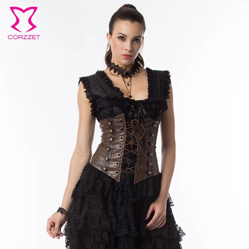 Lace Up Front Steampunk Corsets And Bustiers Brown Faux Leather Corset Underbust Waist Slimming 