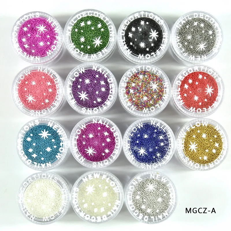 MGCZ-A) 1 коробка 15 грамм 0,6 мм-0,8 мм бисер "икра" Дизайн ногтей украшения прозрачный твердый Радужный акрил жемчуг(15 цветов