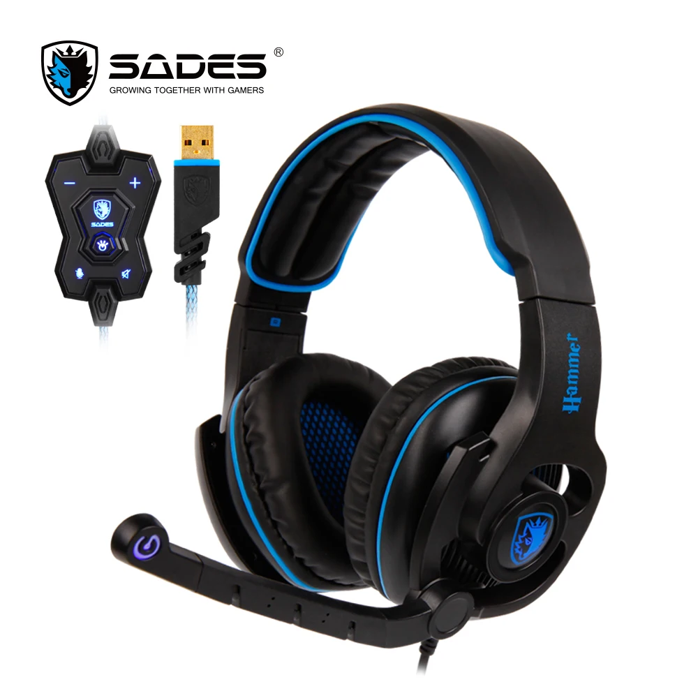 SADES HAMMER Gaming Headset USB Headphones Virtual 7.1 Surround Sound Rotatable Microphone In-line Controller