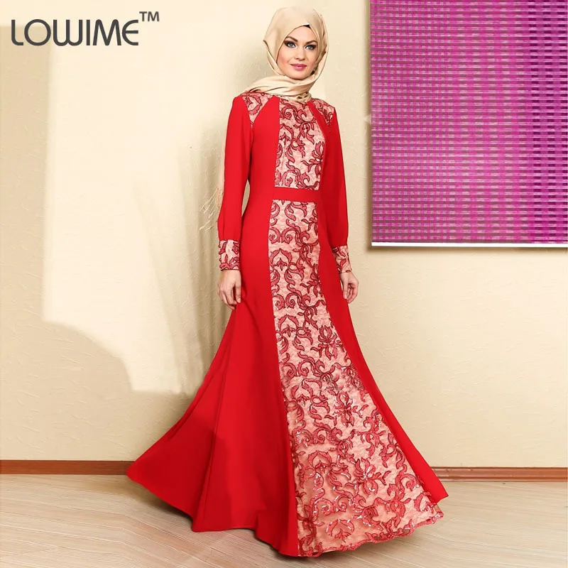 Modest Long Sleeve Red Arabia Style Evening Dresses Dubai Kaftan Robe