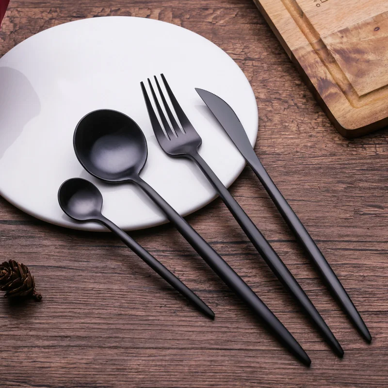 

6 Sets 24 Pcs Stainless Steel Cutlery Set Western Food Tableware sets Matte Black Stainless Steel Fork and Spoon set Wholesale