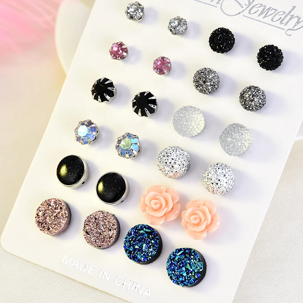 

2019 New Fashion 12 pairs/set Crystal Earrings Set Women Jewelry Accessories Piercing Ball Stud Earring kit Bijouteria brincos