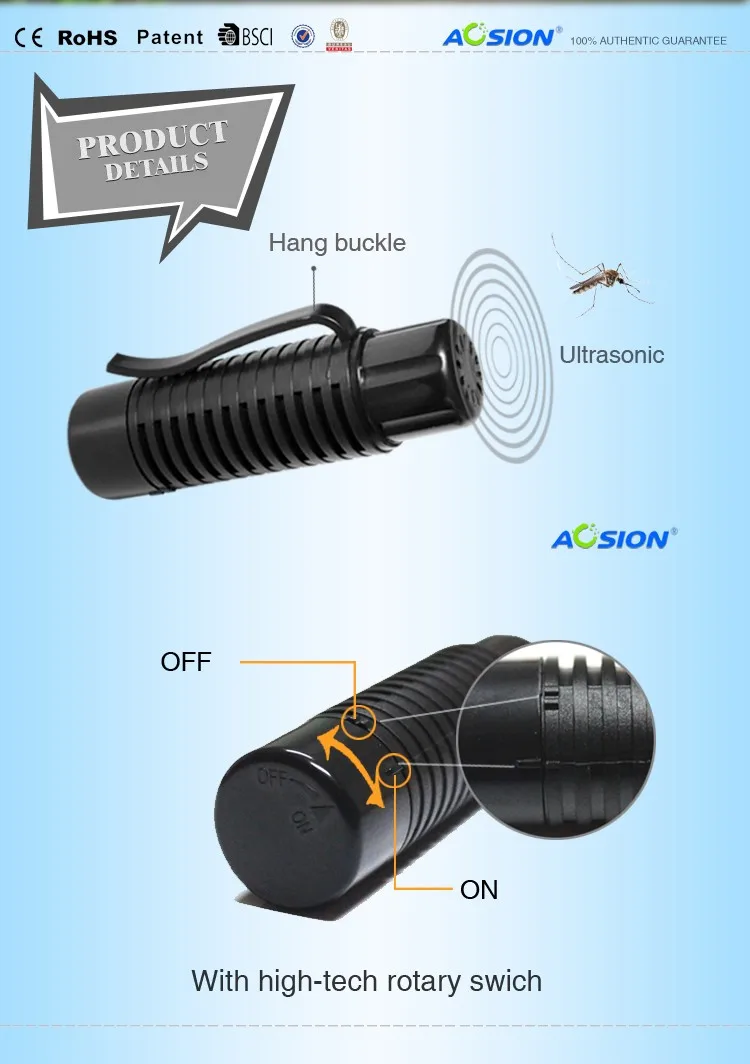 AOSION Китай патент Кемпинг Мини Портативный Ультра звуковой электронный анти москитные насекомых Отпугиватель Вредителей