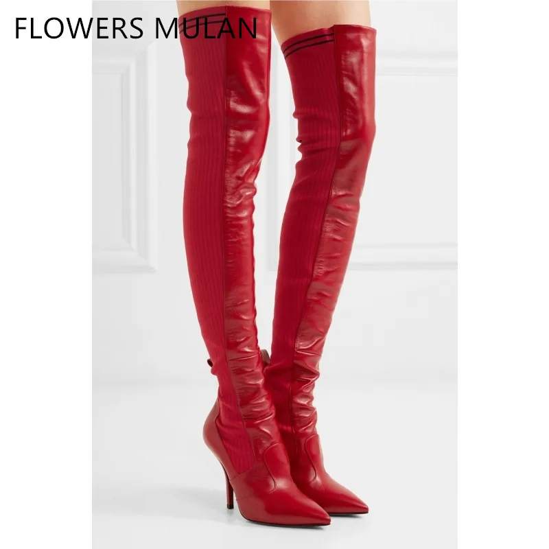 

Celebrity Style Stretch Fabric and Leather Botas Pointed Toe Sock Boots Black Red Sexy Booties Stiletto High Heels Shoes Woman