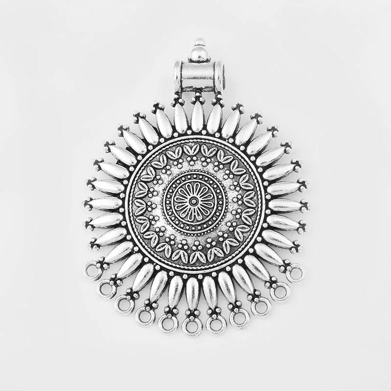 

2pcs Antique Silver Charm Mandola Flower Open Round Large Pendant For Necklace Pendant Connector Jewelry Making Material 68x90mm