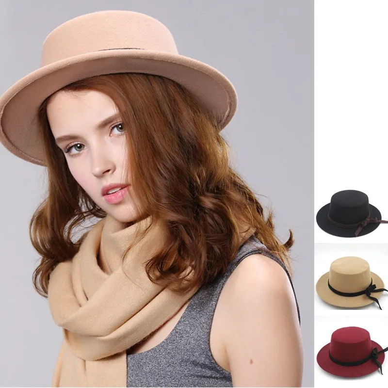 Buy 2017 Fashion Wool Boater Flat Top Hat For Women's