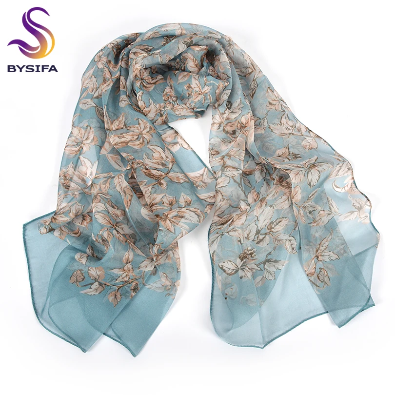 [BYSIFA] 100% Silk Chiffon Scarf Female Brand Leaves Design Grey Khaki Long Scarves Beach Shawls Fall Winter Women Neck Scarves 2