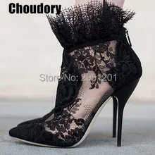 Модные женские туфли осенние пикантные ботинки острый носок ботильоны сбоку ZipperLuxury черного кружева на высоком каблуке Формальные туфли лодочки размер 42