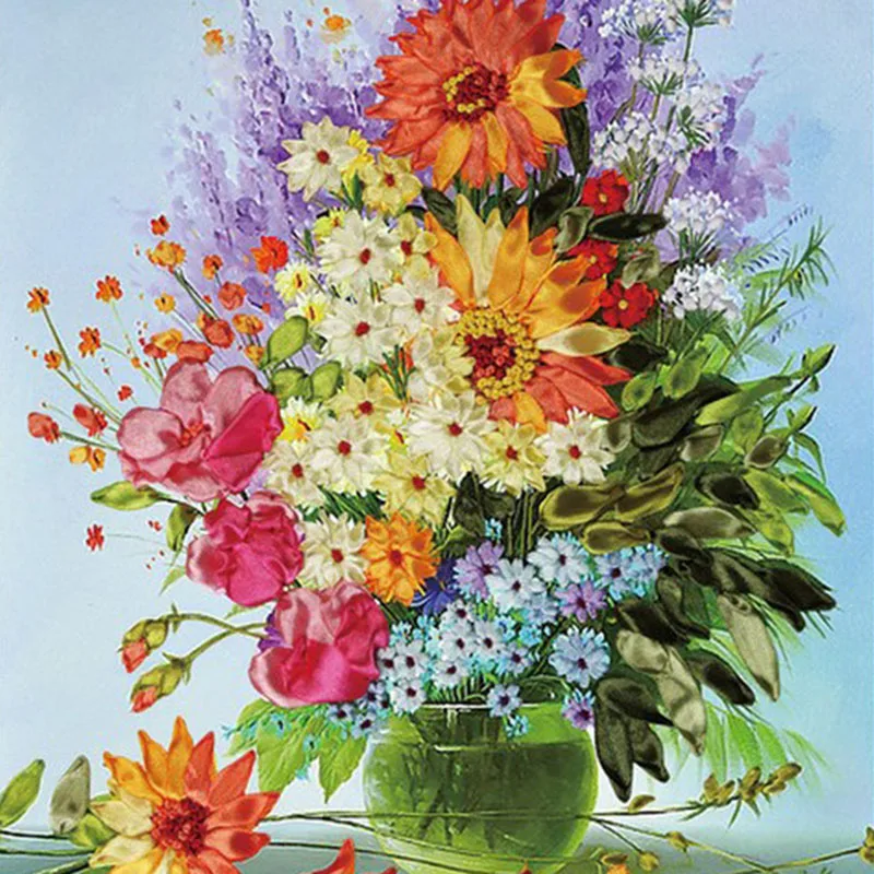 

40x50cm Happy Florid Ribbon Embroidery Painting Needlework 3d Cross Stitch Kit Unfinished Fashion Home Decor Handmade