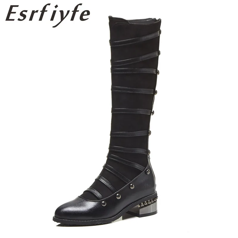 

ESRFIYFE 2018 New Leather Women Knee High Boots Autumn Winter Shoes Woman Thigh High Boots Square Heels Round Toe Long Boots
