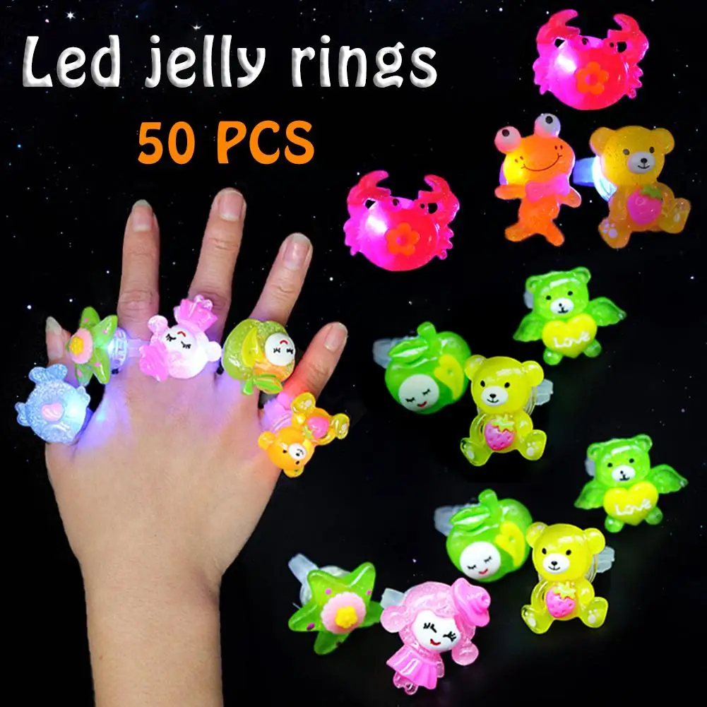 

50 Pcs Children's Luminous Acrylic Ring Light Flashing Bracelet Glow Toy LED Jelly Rings Glow Jewelry LED Party Favors For Kid