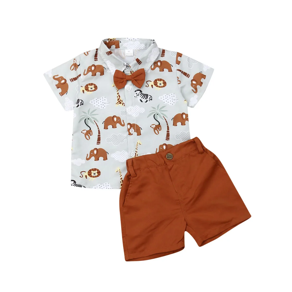 

1-6Y Summer Fashion Infant Baby Boys Clothes Sets Animal Print Shirts Tops+Solid Brown Shorts