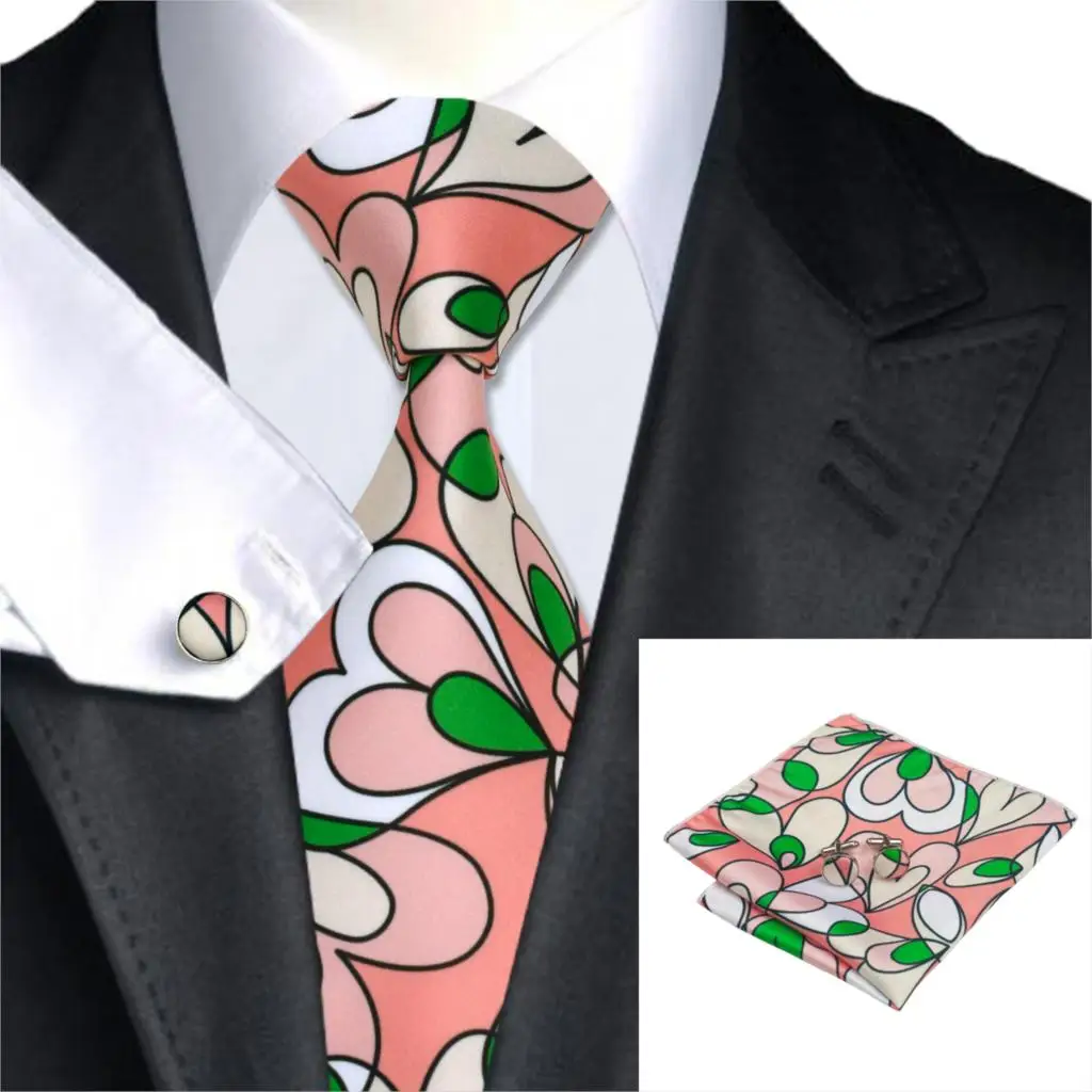 SN 1300 New Arriving Ties Pink Floral Printed Neck Tie Hanky Cufflinks